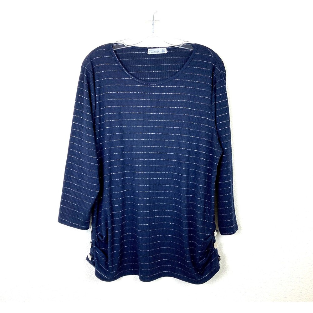 89th and Madison Women's Shirt Size XL Navy with Silver Metallic Stipes Buttons